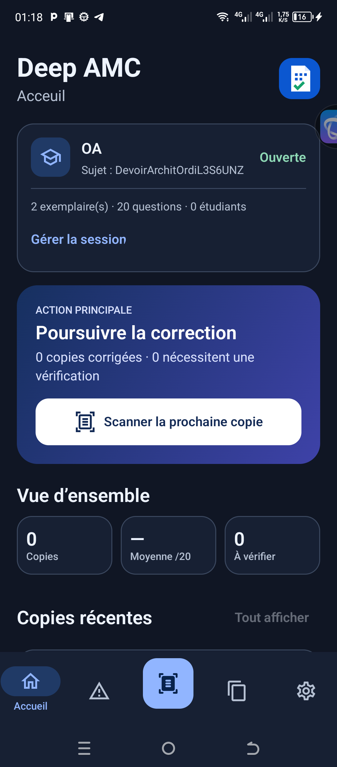 Écran d’accueil réel de DeepAMC Mobile avec un sujet et une session actifs